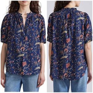 Apiece Apart Los Altos Top Indigo Jardin Blue Floral Blouse Sz XS